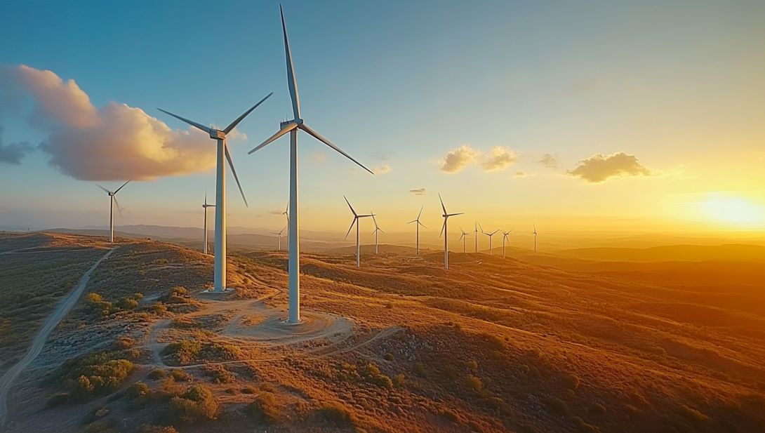 Windkraftanlage bei Sonnenaufgang