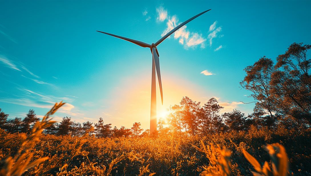 Windrad auf einem Feld mit strahlender Sonne im Hintergrund