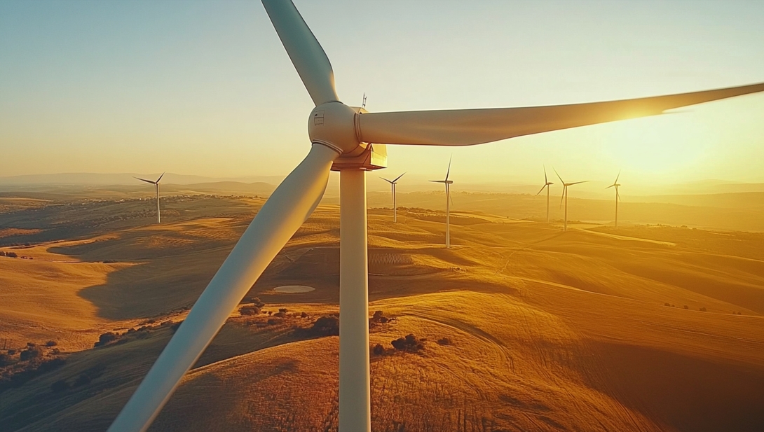 Windpark mit einem Rotorblatt im Vordergrund