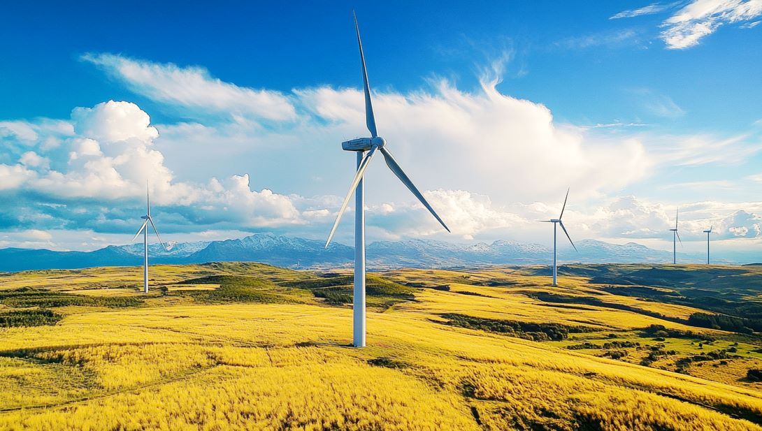 Windkraftanlage in einer sonnenbeschienenen Landschaft